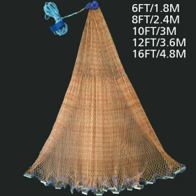 6FT/8FT/10/FT/12FT/16FT Heavy Duty Fishing Net with Nylon Mesh Easy to Throw - Tire Line W/ No Ring - 10FT Dia x 0.47in Mesh