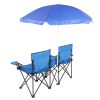Double Folding Picnic Chairs w/Umbrella Mini Table Beverage Holder Carrying Bag for Beach Patio Pool Park Outdoor Portable Camping Chair (Blue) - Blue