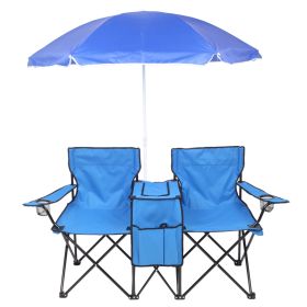 Double Folding Picnic Chairs w/Umbrella Mini Table Beverage Holder Carrying Bag for Beach Patio Pool Park Outdoor Portable Camping Chair (Blue) - Blue