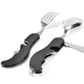 Tablespoon Set 4 In 1 Foldable Spoon Knife Fork Bottle Opener Stainless Steel Folding Pocket Kits Outdoor Tableware Set - Black