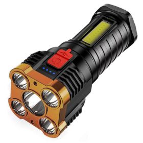 5 LED Flashlight; USB Rechargeable Strong Light With COB Side Searchlight For Outdoor Travel Emergency - Golden