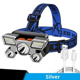 5 LED USB Rechargeable Headlamp; Portable Built-in 18650 Battery Head Flash Light; Waterproof For Expedition Outdoor Camping Fishing - Silvery